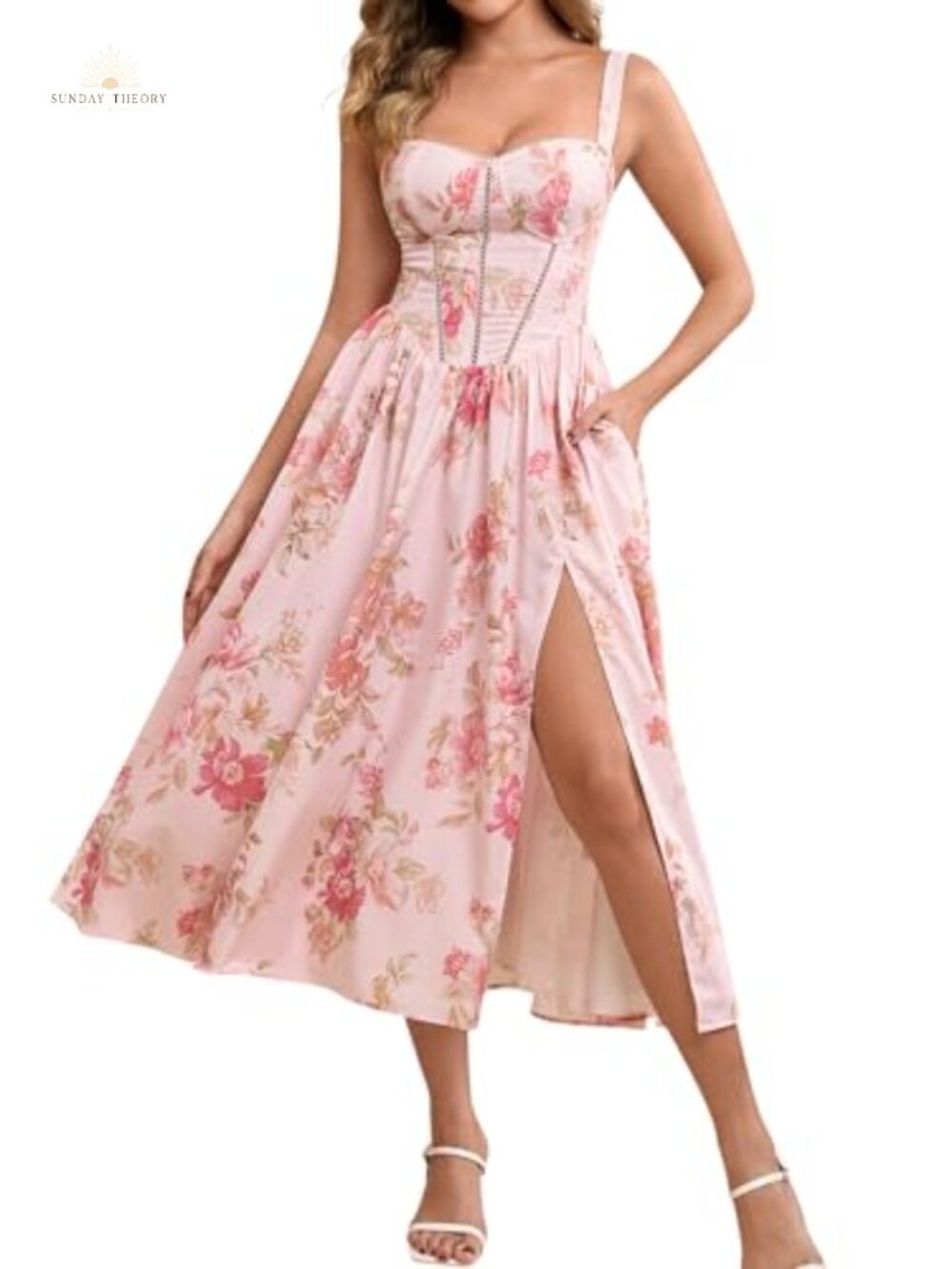 Womens Floral Corset Midi Dress Smocked Sweetheart Lace Wedding Guest